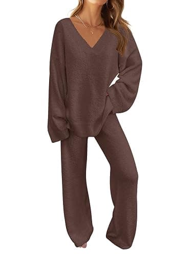 MEROKEETY Women's Lounge Sets 2025 Fall Fashion 2 Piece Outfits Sweater Pajama Set Fuzzy Loungewear Matching Winter Clothes - Image 1