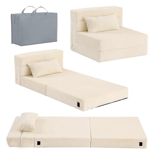 Tiita Folding Sofa Bed Floor Mattress for Kids, Glow Tri Folding Mattress Kid Fold Up Sofa Futon Fold Chair Beds, Child Foldable Mattress Floor Beds Fold Couch for Playroom, Plush Beige - Image 1