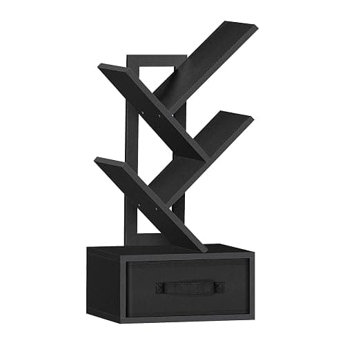 SHEEPAM Small Book Shelf with Drawer,4 Tier Black Tree Bookshelf,Wooden Desktop Bookcase,Modern Desk Display Storage Bookshelves,Floor Standing Organizer Bookcases for Living Room,Bedroom,Office - Image 1