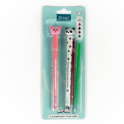 Mr. Wonderful - Set de 2 stylos effaçables Bo-Bo + 2 recharges d’encre - Cochonnet + Raton laveur - Stylo à encre effaçable avec message pour les enseignants - Cadeau pour les enseignants - Image 1