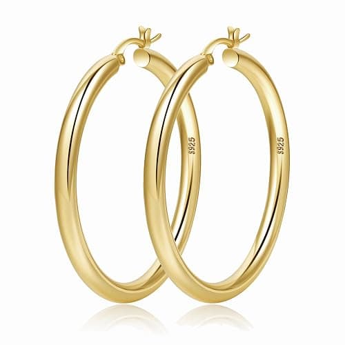 4mm Thick Gold Chunky Earrings Steling Silver Post Hoops Earrings For Women Hollow Tube Hoops Earrings Thick Gold Hoop Earrings Hypoallergenic Lightweight Gold Hoop Large Earrings 20/30/40/50/60MM - Gold,50mm - Image 1