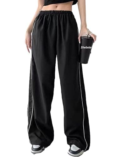 Shebote Womens Parachute Pants Wide Leg Baggy Pants Y2K Elastic Waist Jogger Sweatpants Track Pants Streetwear - Small - Black - Image 1