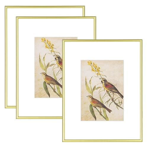 Fkvat 9x12 Matte Gold Picture Frames 3Pack Fits 6x8 Mat Tabletop Wall | Brushed aluminum photo frames, HD glass, removable mat, soft velvet backing board - Image 1