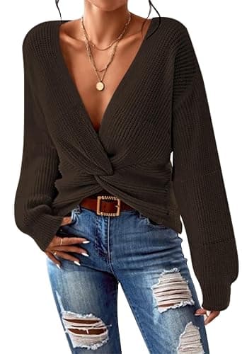 Pink Queen Women's 2025 Casual Pullover Sweaters Sexy V Neck Long Sleeve Twist Knot Cropped Knit Sweater Tops - Image 1