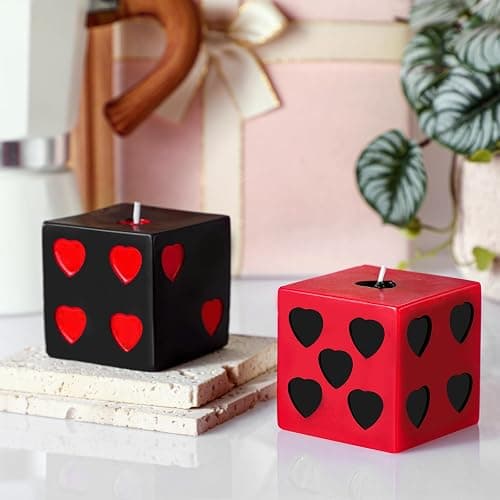 Threlaco 2 Pcs Heart Dice Candles 4 x 2.4 x 2.4 Inch Soy Wax Decorative Candles Aesthetic Dice Decor Handmade Danish Pastel Room Decor(Red,Black) - red and black - Image 1