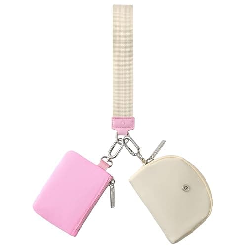 Keychain Wallet Mini Zip Around Wristlet Wallets for Women Detachable Dual Pouch Wristlet Portable Coin Purse Small Wallets With RFID Blocking (Pink & Cream) - Pink & Cream - Image 1