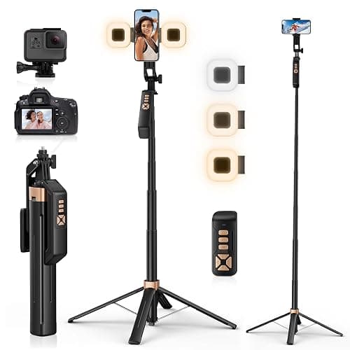 Avaspot 71" Selfie Stick Tripod - with 2 LED Fill Lights and Remote, All-in-one Extendable Phone Tripod Stand for Video Recording, Compatible with iPhone, Android, Camera & GoPro - Image 1
