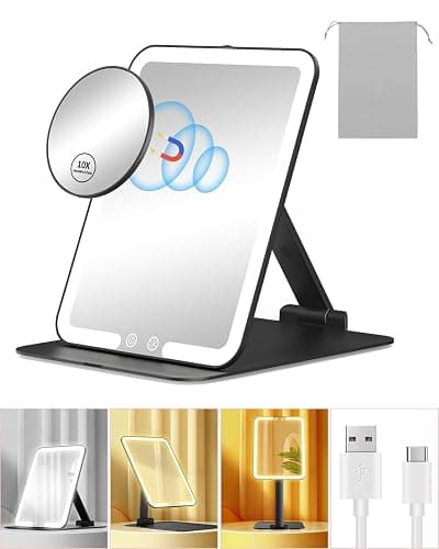 Gospire Travel Makeup Mirror with Lights and Magnification 10X, Portable Make Up Compact Tabletop with Adjustable Stand, 3 Colored Light Rechargeable Lighted LED Cosmetic Vanity- Black - Image 1
