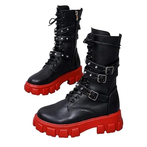 ZKXYFFS Women's Goth Ankle Booties Chunky High Heel Mid Calf Boots Side Zip Combat Lace Up Punk Rivet Motorcycle Platform Boots - Image 1