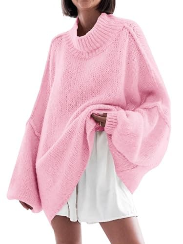 Saodimallsu Womens Oversized Sweaters Mock Neck Batwing Long Sleeve 2025 Fall Trendy Ribbed Knit Casual Tunic Sweater - Pink - Small - Image 1