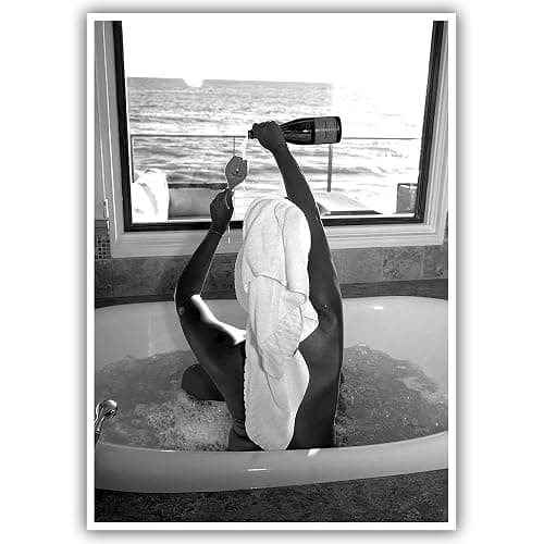 Trendy Black and White Posters Funny Woman Drinking Wine in Bathtub Wall Art Funky Girl Room Decor Fashion Vintage Bar Cart Canvas Prints for Girls Dorm Bathroom Apartment Aesthetic 12x16in Unframed - Image 1