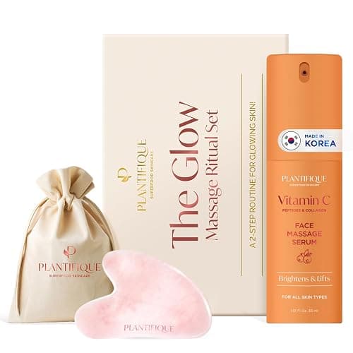 PLANTIFIQUE Massage Ritual Set Premium Certified Rose Quartz Gua Sha + Vitamin C Serum Skin Care Set, Birthday Gifts for Women, Teens, Mom, Brides - Image 1