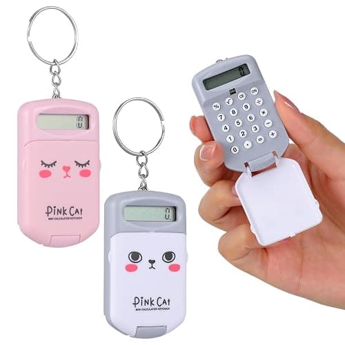 NUOBESTY 2Pcs Mini Calculator Keychain, Pocket Size 8-Digit Flip Cover with Key Ring Cute Small Calculator Students Backpacks Pencil Cases Supplies for School Office Home (Pink & Gray) - Image 1