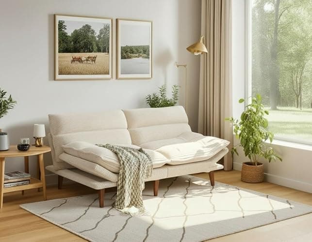 Amada Convertible Futon Sofa Bed - Corduroy Loveseat with Adjustable Backrest & Armrests, Thickened Seat Cushion, Small Space Sleeper Couch for Apartment, Study Room & Office(Off-White,66 Inch ) - Image 1