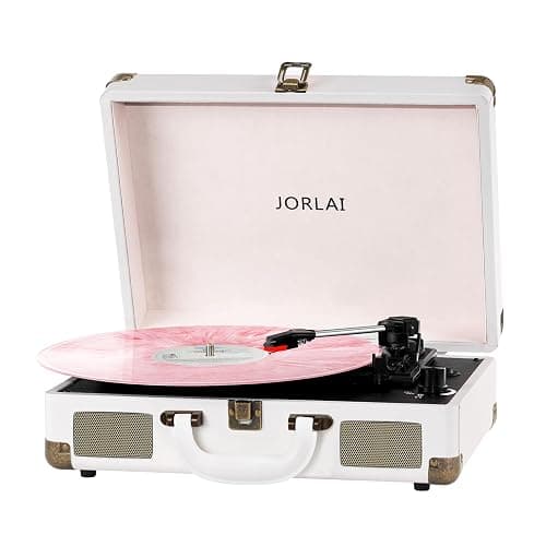 JORLAI Record Player 3 Speeds Turntable with Bluetooth Built-in Battery Stereo Speakers Vintage Record Player Belt Driven Portable Suitcase PC Recording White - Image 1