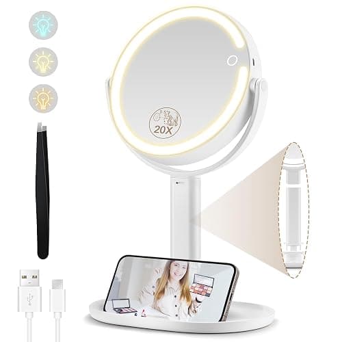MOMOKUBA Miroir Grossissant Lumineux X 20, Miroir Grossissant sur Pied 8", miroirs Maquillage Lumineux sur Pied Double Face 3 Couleurs 64 LED, Rechargeable Rotation 360Β° - Image 1