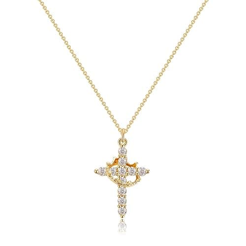 Tewiky Crown Cross Necklace for women-Dainty Sterling Silver/14k Gold Cubic Zirconia Pendant Necklaces Simple Gold Cross Pendant Necklace Cute Tiny Gold Jewelry - Image 1
