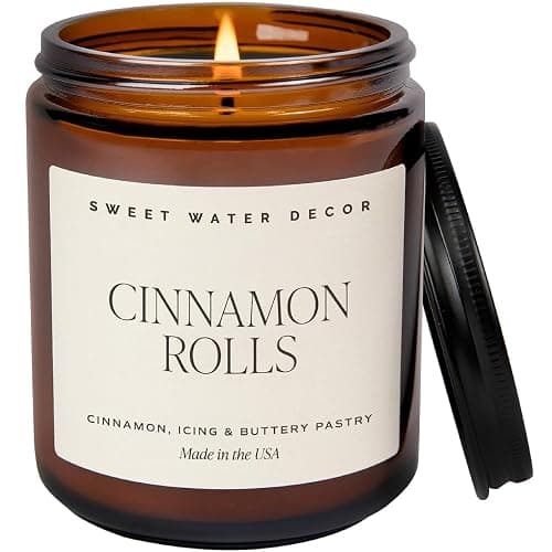 Sweet Water Decor Cinnamon Roll Candle - Fall Candle with Cinnamon, Icing & Buttery Pastry for Home - Soy Candles with 40 Hours Burn Time - 9Oz Black Lid Amber Jar Holiday Scents - Image 1