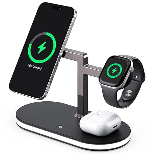 UEQ 4 in 1 Wireless Charging Station for Apple MagSafe Charger,Fast Charging Magnetic Wireless Charger Stand with Night Light for iPhone 17 Air 16 15 14 13 12 Series,Apple Watch and AirPods (Black) - Image 1