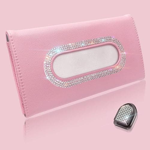 Murimt Bling Car Visor Tissue Holder, Diamond Mask Holder for Car Visor, PU Leather Tissue Box Holder,Wipes Case for Car Visor, Sun Visor Napkin Holder(Pink) - Image 1