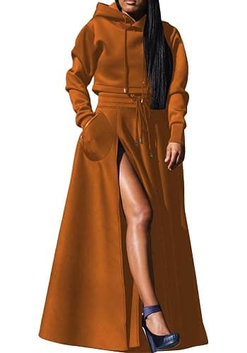 Women's Casual 2 Piece Outfits Long Sleeves Hoodies Sweatshirts and High Waist Split Skirt Sweatsuit Lounge Sets - Image 1