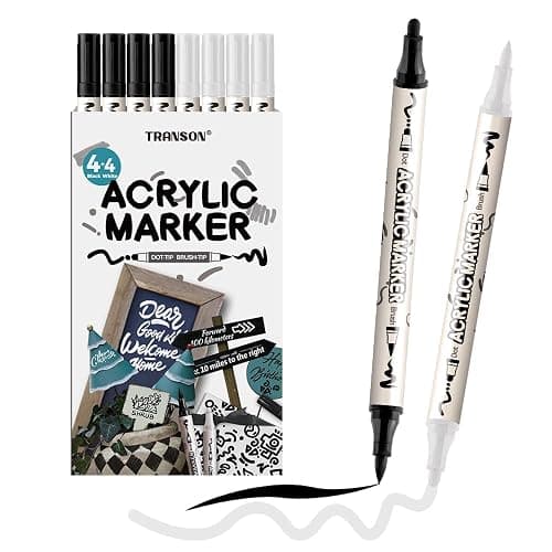 TRANSON 4 Black and 4 White Paint Markers Brush and Bold Dual-tip Acrylic Paint Marker Set for Rock Painting Glass Canvas Wood Leather Ceramic Painting - Image 1
