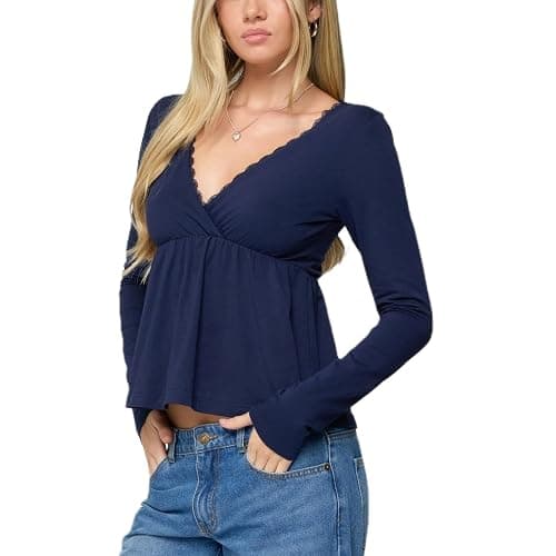Women Y2k Fairy Grunge Babydoll Tops Long Sleeve V Neck Slim Fit Aesthetic Shirts E Girl Vintage Coquette Blouses - Image 1