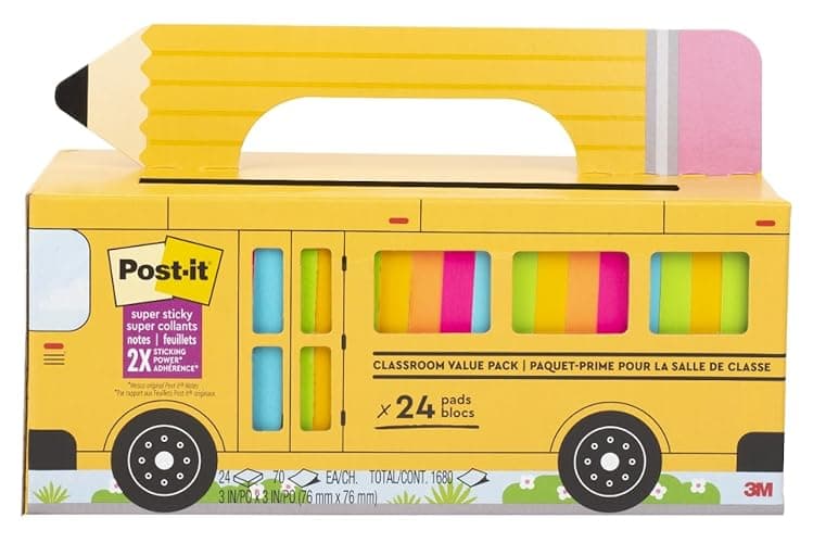 Post-it Super Sticky Notes Value Pack, 24 Pads, Convenient School Bus Carry and Storage Case, 2X The Sticking Power, 3x3 in, Bright Colors (Orange, Pink, Blue, Green, Yellow), Recyclable (654-24SSBUS) - Image 1
