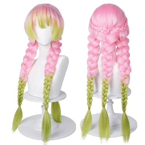 SL Mitsuri Cosplay Wig for DS, Long Pink Green Braid Wig Anime Hair Pigtails Wigs with Cap for Halloween Costume Party - Image 1