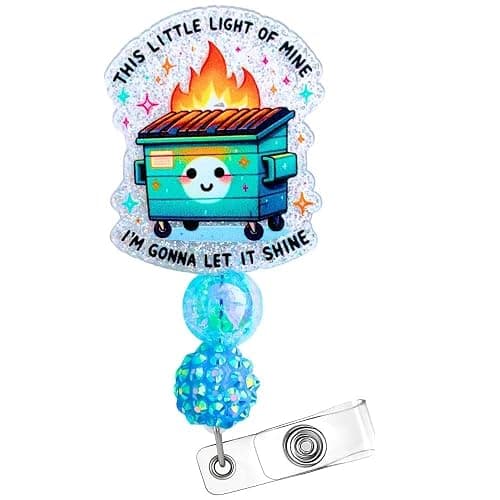 Dumpster Fire Badge Reel Funny Cute Fun Clip Holder Name Card ID Tag Lanyard for Nurse Nursing Medical Assistant Doctor Blue Teal Little Light of Mine Desk Hospital Office Coworker Gift Accessories - Image 1