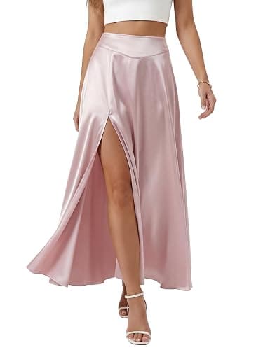 AlisOker Heavy Feel Satin Maxi Skirts for Women Elastic Waisted High Leg Slit Gorgeous Flowy A-Line Skirts with Pockets 2026 - Image 1