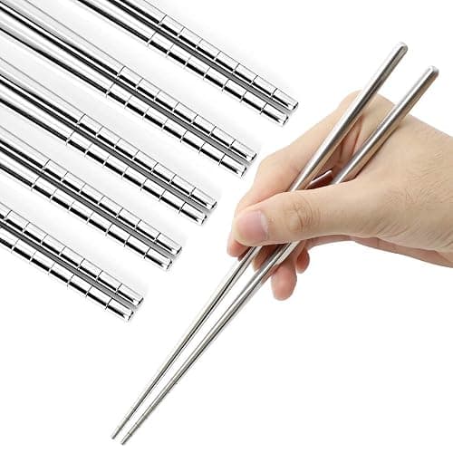 Stainless Steel Chopsticks 5 Pairs Reusable Multicolor Lightweight 304 Metal Chopsticks Square Lightweight Non-Slip Chop Sticks Dishwasher Safe Gift Set(Silver Hollow) - Silver - Image 1