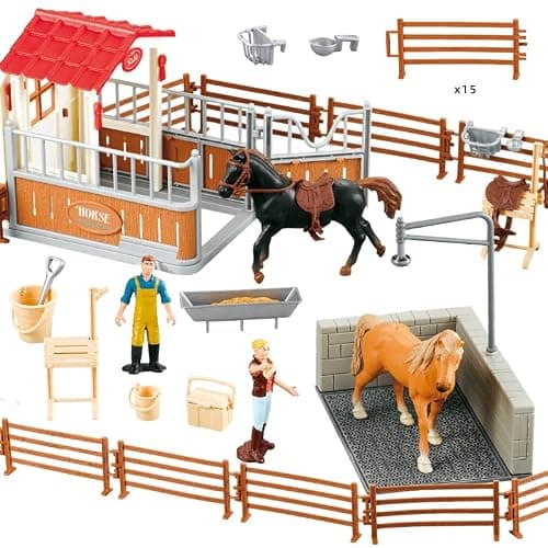 Peagrav Horse Stable Playset with Rider, Wash Area, Fence & Animal Figures - Gifts for Girls & Boys Aged 3-8 - Image 1