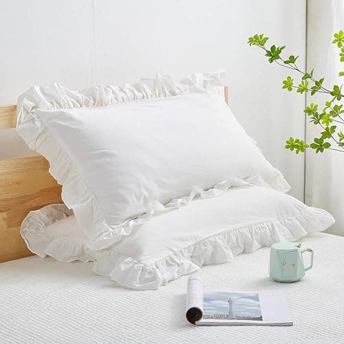 Mywinlle Shabby Off White Ruffle Pillow Shams Standard Size Set of 2, Washed Cotton Farmhouse Pillowcases Pillow Cover 20"x26" - Image 1