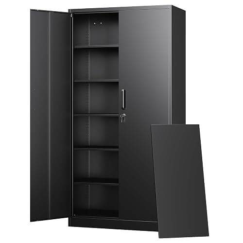 Letaya Metal Storage Cabinets with Lock Doors,Tall Locker Organizer Steel Garage Cabinets, 5 Adjustable Layers Shelves for Home, Office, Warehouse,Tool,Industrial(Black) - 71 X 32 X 16 In(H X W X D) - Black - Image 1