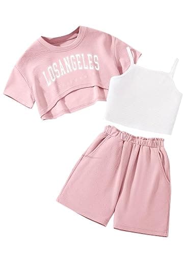 Ecolala Girl's Summer 3 Piece Outfits Graphic Short Sleeve Crop Top Cami and Shorts Clothes Set - 7-8 Years - Pink - Image 1