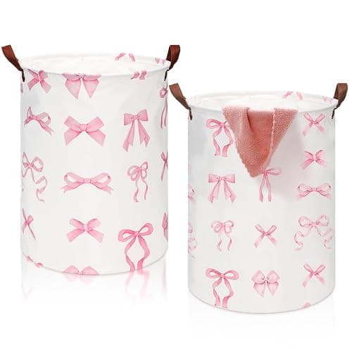 CroBlissful 2 Pcs Coquette Pink Bow Laundry Basket Coquette Storage Basket for Girls Nursery Hamper with Handles Foldable Waterproof Collapsible Storage Bin Organizer for College Dorms Bathroom (Bows) - Image 1