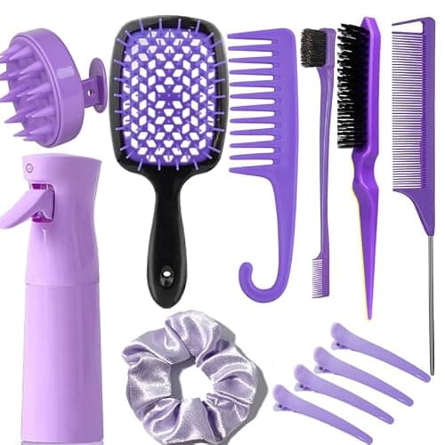 12 Pcs Hair Brush Set for Women, Spray Bottle, 3 Pieces Slick Back Hair Brushes for Toddlers, Soft Scalp Massager, Detangling Hairbrush for Wet Dry Curly Hair Detangling, Wide Tooth Combs (purple) - Purple - Image 1