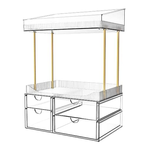 SNSLXH 4 Drawers Makeup Organizer - 4 Tier Makeup Storage, Cosmetics Organiser, Ideal for Cosmetic, with Drawers for Countertop, Bathroom, Office Supplies, Dresser Transparent Clear - Image 1