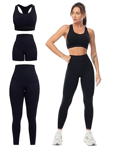 SALSPOR 3 Piece Workout Sets for Women Butt Lifting Leggings with High Impact Sports Bra Gym Shorts - Image 1