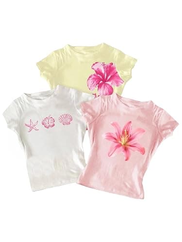 RoseSeek Girl's Shirts 3 Packs Graphic Tees Vacation Hibiscus Top Crewneck Short Sleeve Cute Tops Summer Slim Fit T Shirt - Image 1