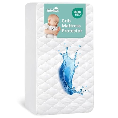 Crib Mattress Protector Sheets Fitted Waterproof Crib Mattress Pad Cover, Noiseless & Machine Wash 100% Absorbent Crib/Toddler Mattress Protector Sheet Quilted, White, 52" x 28" - Image 1