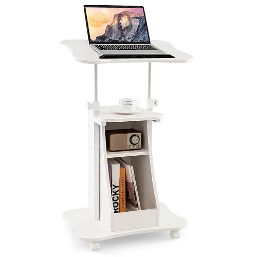 Tangkula Mobile Lectern Podium, Height Adjustable Podium Stand, Standing Sit-to-Stand Desk, Rolling Cart Laptop Desk with Swivel Top Movable Wheels & Storage - Image 1