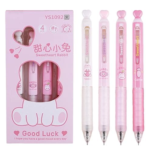 MOZXIRZ 4 Pcs Cute Retractable Pens Pink Heart Soft Grip Gel Pens Black Ink Pens 0.5mm Fine Point Smooth Writing Pens Office School Supplies Women Girls Boys Men (Pink) - Pink - Image 1