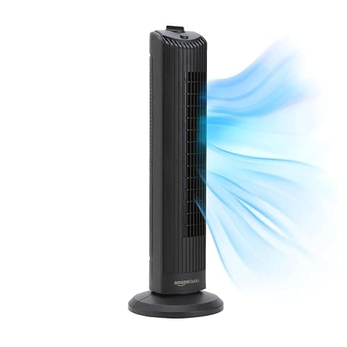 Amazon Basics 28" 60-Degree Oscillating Tower Fan for Bedroom, Living Room, Office, With 3 Speeds, Intuitive Mechanical Control, Black, 35W, 27.8"H x 9.4"D x 9.4"W - Image 1