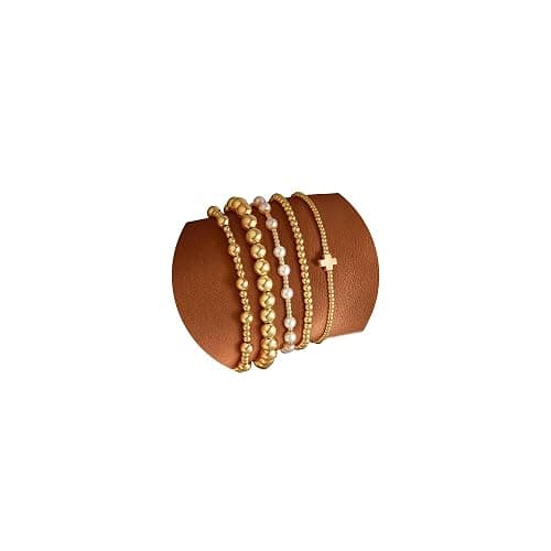 M MOOHAM Gold Beaded Bracelets Set for Women Teen Girls - Dainty 14K Gold Plated Beaded Pearl Cross Bracelet Stack for Women Trendy Non Tarnish Adjustable Stretch Jewelry Gifts - Image 1