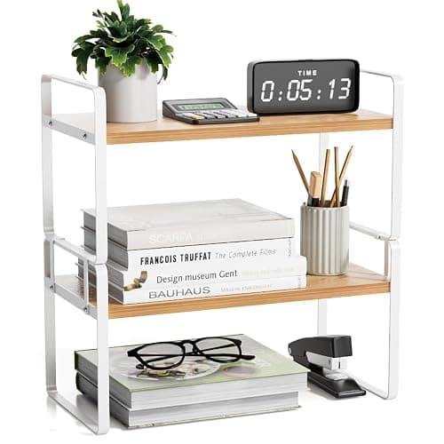 YGYQZ Desk Shelf Organizer for Top of Desk, Detachable 2 Tier Desktop Bookshelf, Wooden Desk Shelves Storage Rack, Small Desktop Shelf for Office Home Dorm, Tabletop Desk Organizer Stand (White Wood) - Image 1