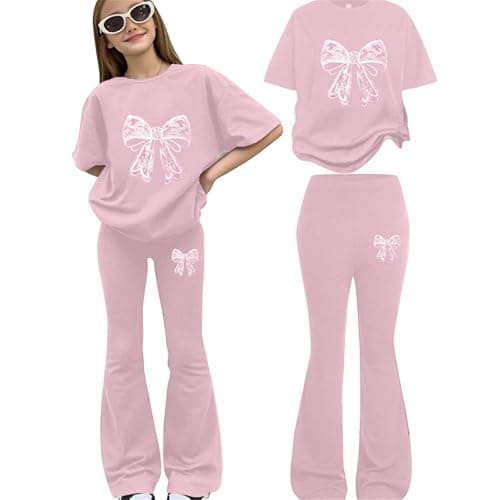 Girls Tracksuit Heart Bow Print Short Sleeve Tops T-Shirt And Flared Trousers Teenager Y2K 2 Piece Outfits Kids Track Suits Activewear Sets For Girls - Image 1