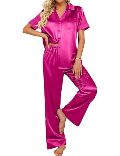 Ekouaer Silk Pajamas for Womens Set 2 Piece Satin Pjs Soft Button Down Sleepwear Wide Leg Long Pants with Pockets - Image 1