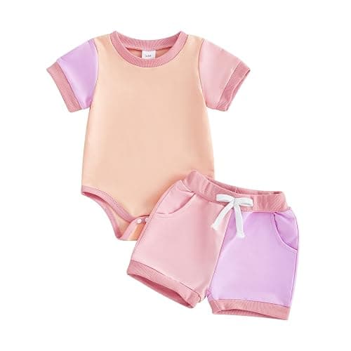 allshope Newborn Baby Girl Summer Outfit Set Contrast Color Romper Jumpsuit Tops Shorts Cute Infant Clothes - Image 1